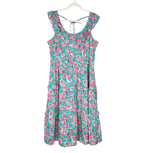 J. Crew Midi Dress 18 Plus Pink Teal Green Floral Ruffle Layered Cotton Tiered - Picture 2 of 17