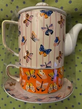 Graces Teaware Butterflies Fine Porcelain Tea For One - 24 oz Pot/Mug/Saucer NEW