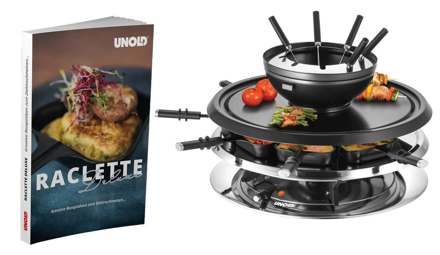Unold 48926 Raclette Multi 4-in-1 Inkl. Rezeptbuch für bis zu 8 Personen Grill