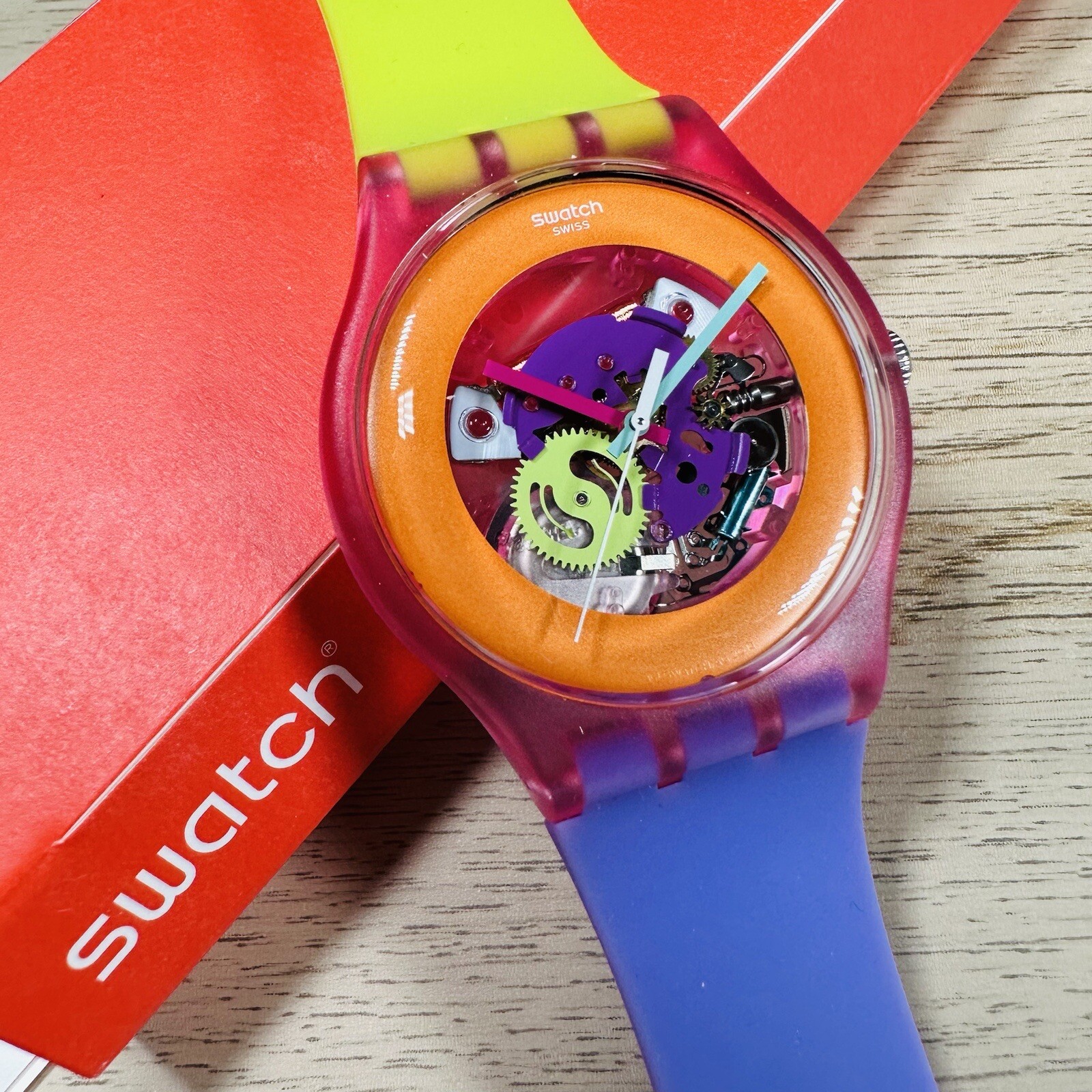 NEW✅ Swatch Dip In Color Orange Skeleton Dial Yellow and Purple Silicone Watch