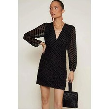 RIXO Golden Flocked Black Polka Dot Burnout L/S Mini Dress 8