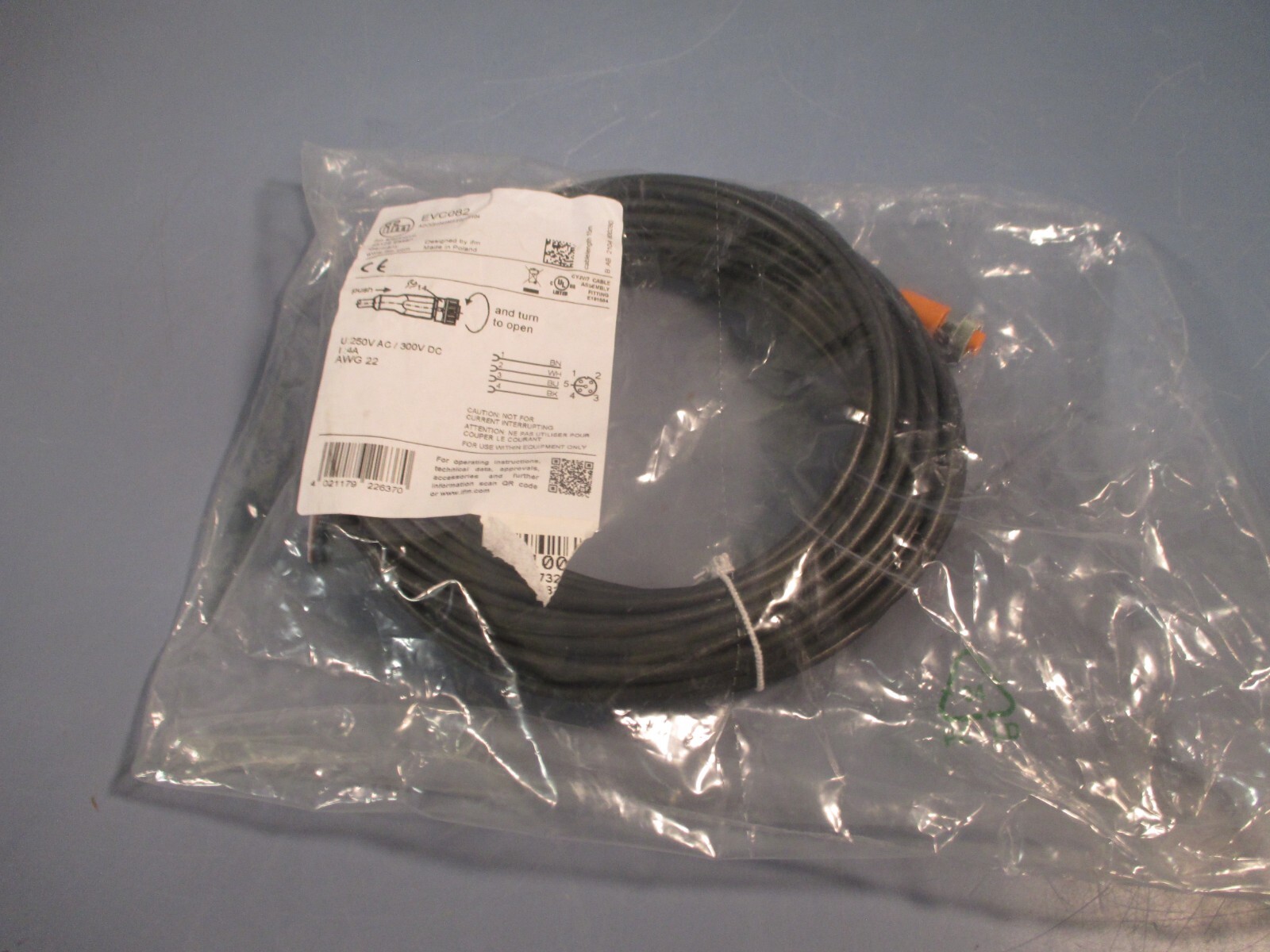 IFM Single Ended Cordset, M12 Female 15M, AWG22 EVC082