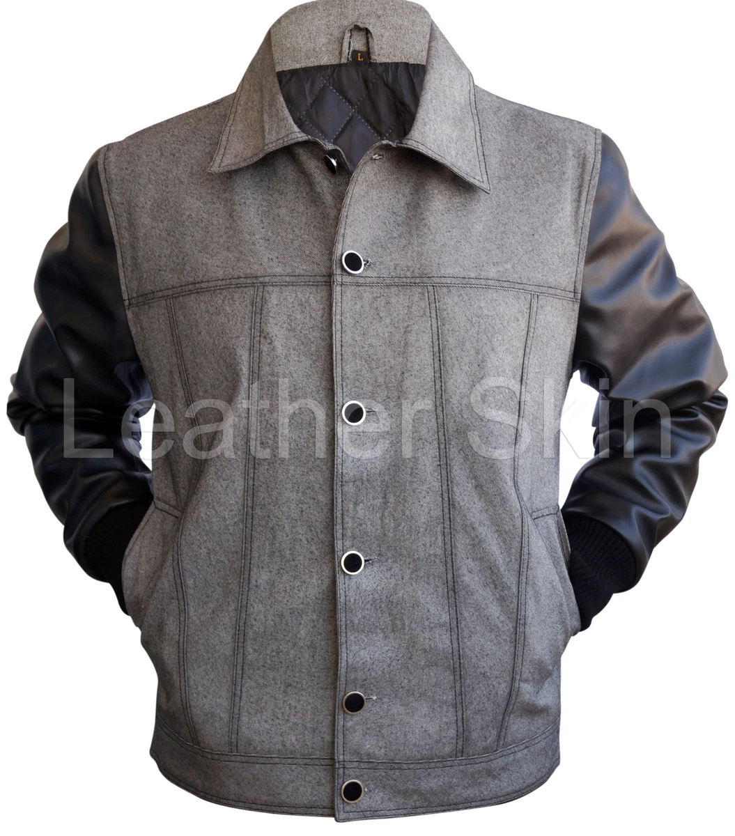 Gray Denim Jacket with Black Leather Sleeves for Men eBay