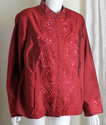 AMAZING Chico's Sz 3 XL RED Soutache Lined Gorgeous Embroidery Sequin Jacket