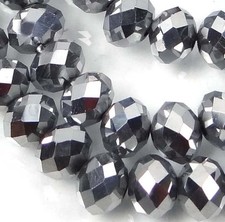 8x6mm Faceted Metallic Silver Glass Quartz Rondelle Beads 16"