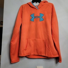 Under Armour Neon Orange Teal Pullover Hoodie Cold Gear Fleece Lined Youth XL