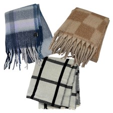 Lot of 3 Plaid Fringe Oversized Blanket Scarves Cozy Fall Winter Blue Tan