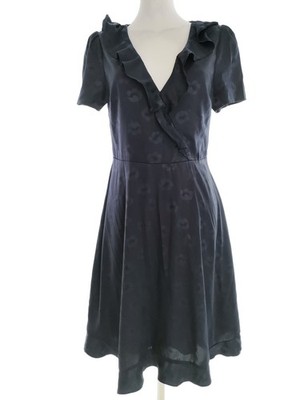 OASIS Damen A-Linien-Kleid Gr. 38 Marineblau Kurzer Ärmel Rüsche Midi
