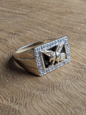 9 kt GOLD ADLER SIEGELRING 375 ONYX & DIAMANT TOP ZUSTAND GR. S1/2