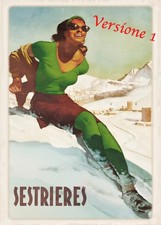 Ristampa Poster Vintage Sestriere Donna Verde Boccasile  Anni '30 2 versioni