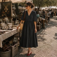 Everlane The Linen Oversized Puff-Sleeve Dress Black V-Neck Midi Small NWT