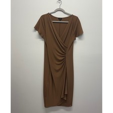 Talbots Brown Faux Wrap Sheath Dress Short Sleeve Ruched V-Neck Size Medium
