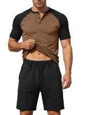 Men's Beach Short Sets Outfits 2 Piece Short Sleeve Henley Shirt and Shorts Set