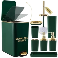 Bathroom Set Bathroom Accessories Set 8 Piece Green and Gold Bathroom Set, Ba...