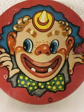 Vintage T CONN Litho Tin Noise Maker Clown Ratchet Wood Handle