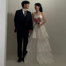 Princess Wedding Dresses Strapless Tiered A-Line Satin Bridal Gown Floor Length