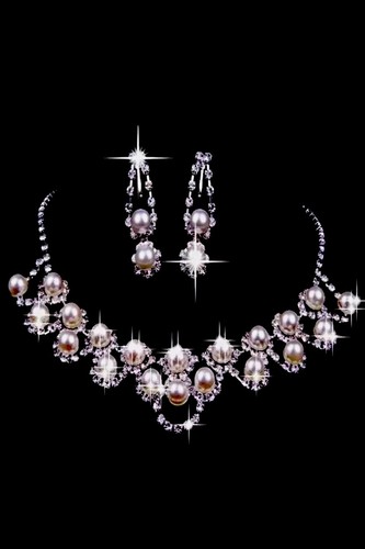 Silver Plated Necklace & Earrings Set Faux Pearl Rhinestone Adjustable