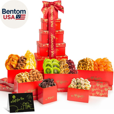 - Thanksgiving Dried Fruit & Mixed Nuts Gift Basket Red Tower + Heart Ribbon (12
