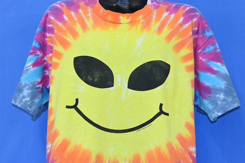 vintage 90s ALIEN SMILEY FACE RAINBOW TIE DYE RIPPLE JUNCTION COTTON t-shirt XL