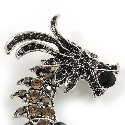90mm Long/ Grey/ Black Crystal Chinese Dragon Large Brooch in Aged Silver Tone - Picture 4 of 6