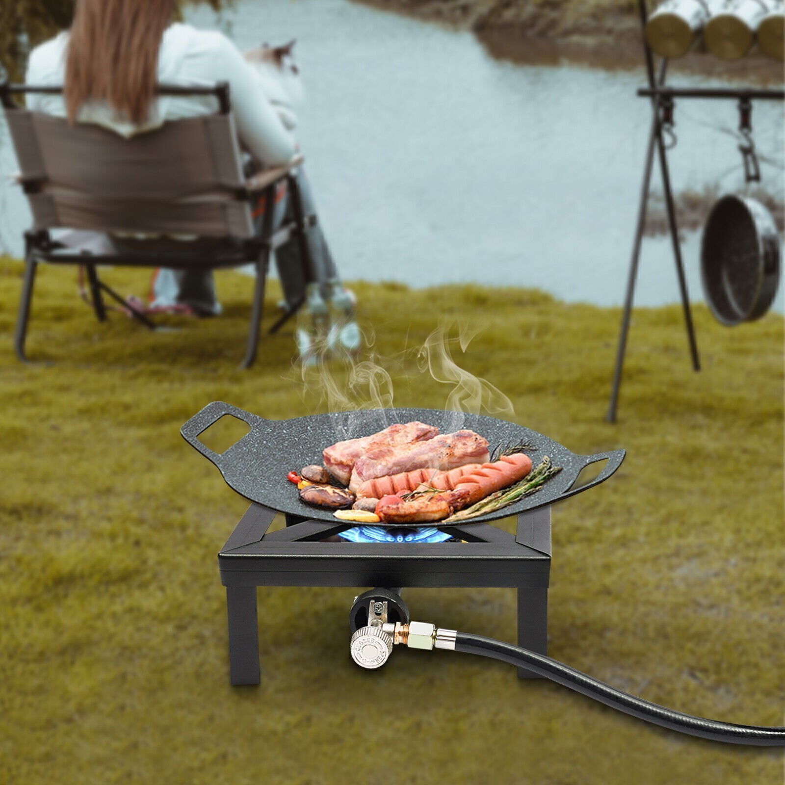 Propane Cooker Burner Stove Gas Outdoor Cooking Camping Stand BBQ Grill w/ Hose