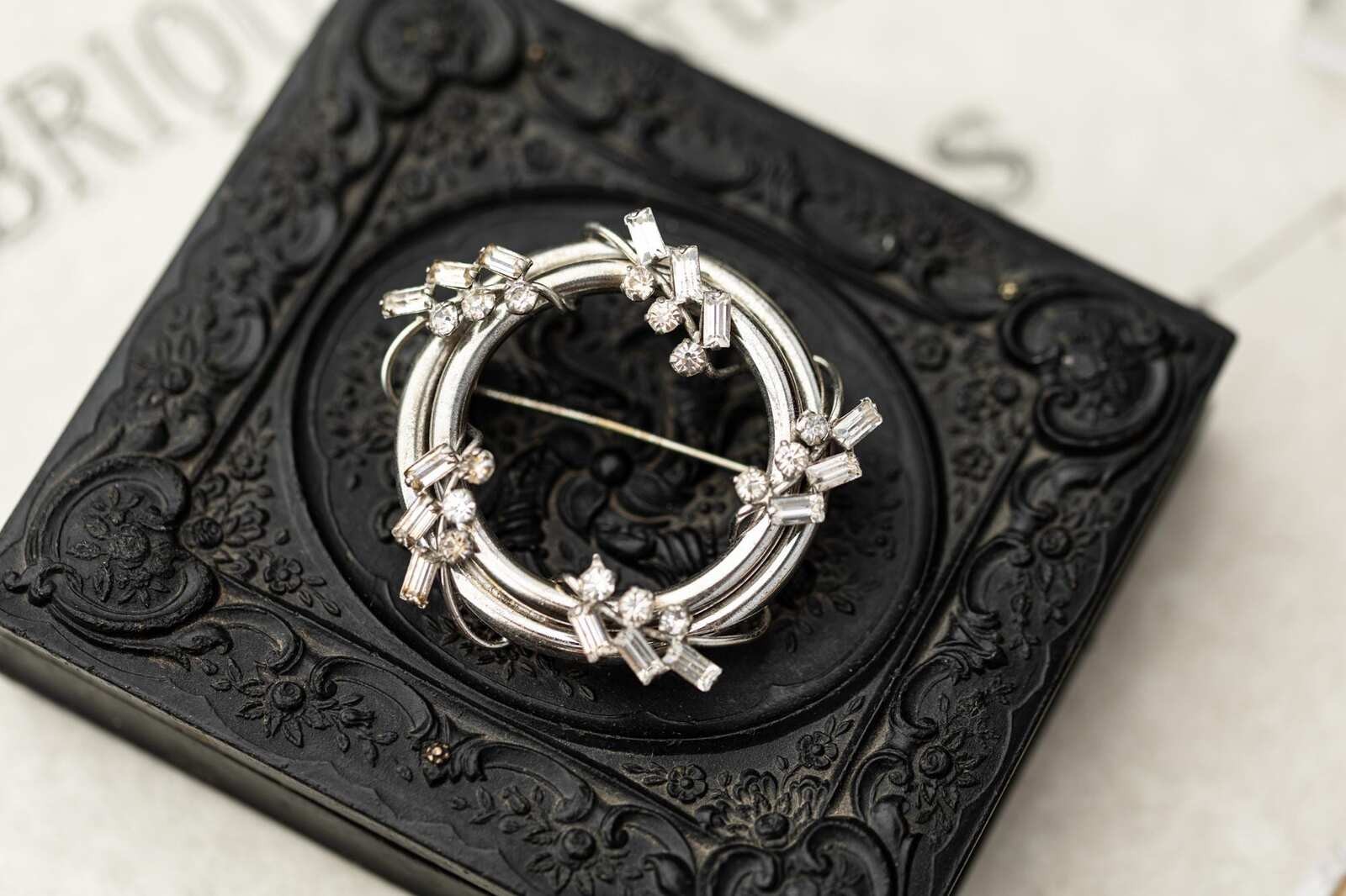 Vintage Carl Art Rhinestone Wreath Brooch Sterling Estate Jewelry