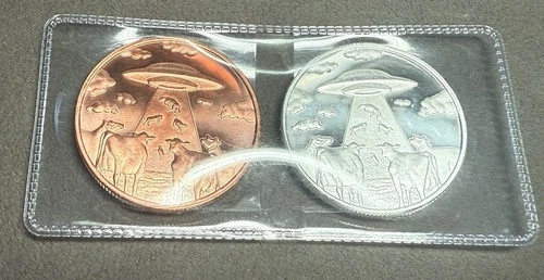 2023 1 OZ ALIEN ABDUCTION COWS .999 FINE SILVER And Copper Intaglio Mint Set