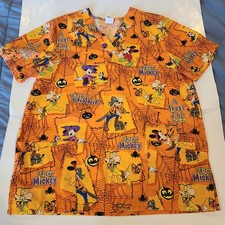 Disney Womens Large Halloween Scrub Top Mickey Minnie Mouse Pluto Goofy Medical