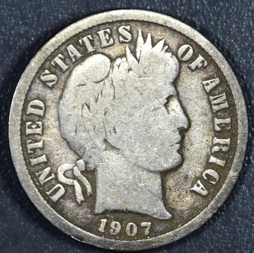 1907-S 10C BARBER SILVER DIME KM#113 Circulated A6310
