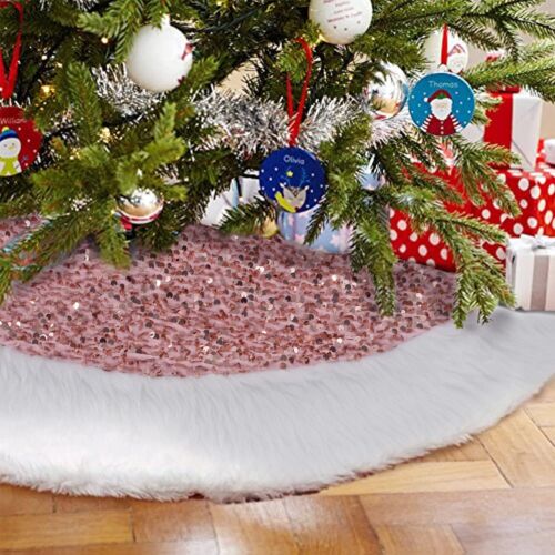 Christmas Tree Skirt 48 Inch Pink Sparkly with Faux Fur Plush Christmas Decor
