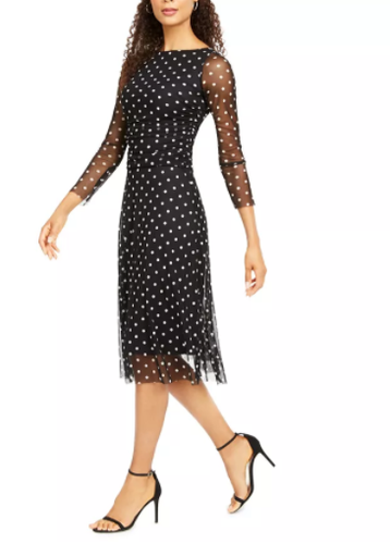 Petite Black Polka Dot Mesh Midi Dress 