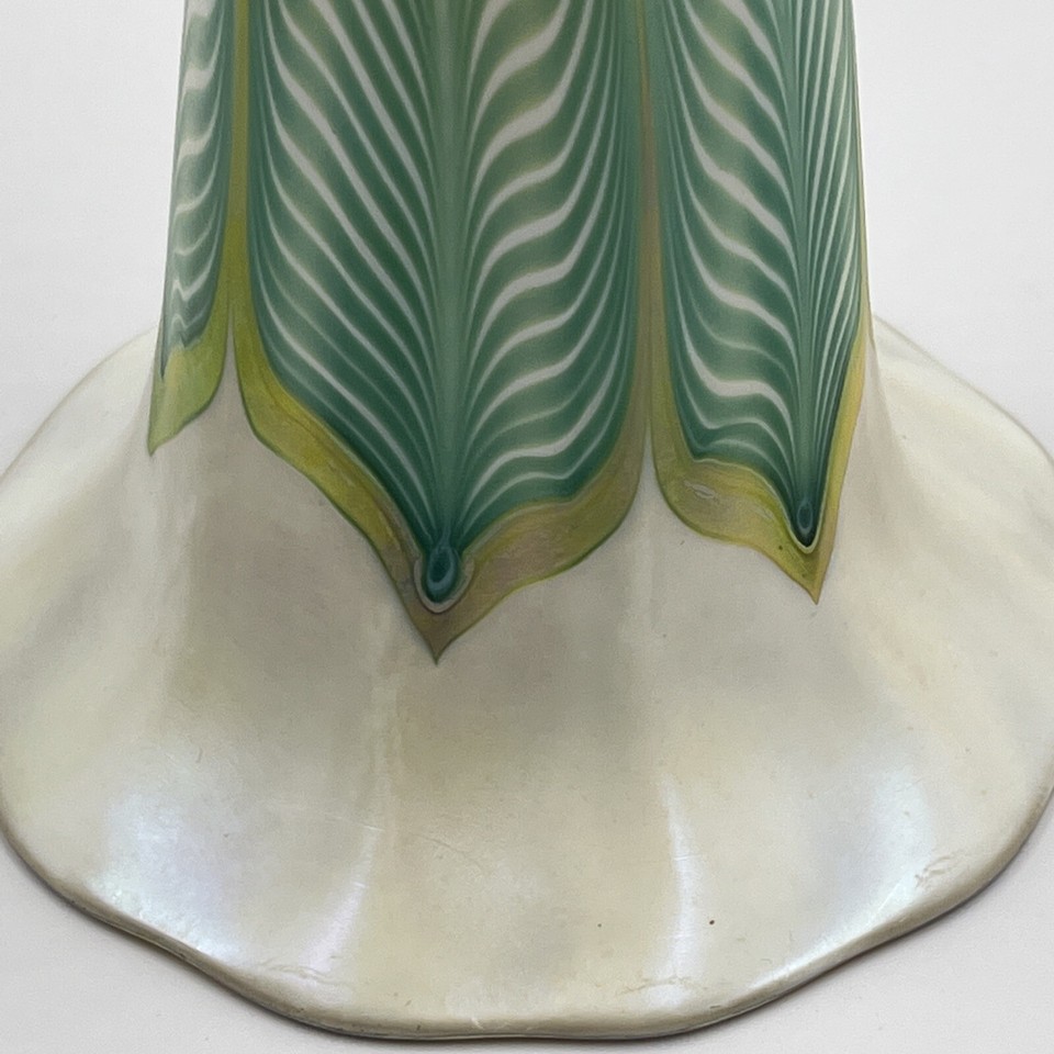 Antique Brass Wall Sconces w/ Signed Quezal Shades Aurene Gold Feather