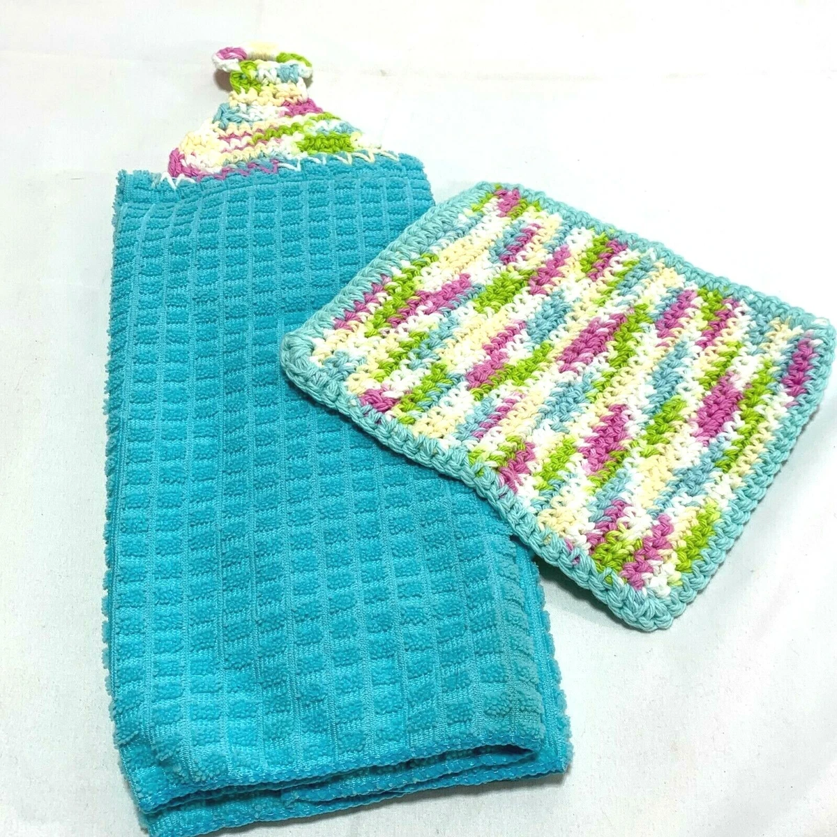 Handmade Kitchen Towel and Dish Cloth Set Crochet Hanging Towel Aqua Teal