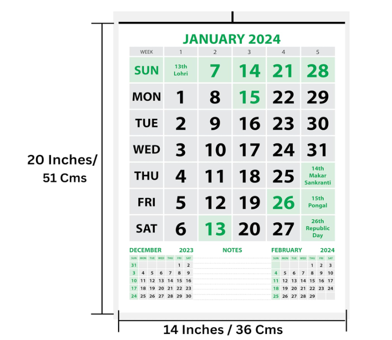 2024 Wall Calendar -14" X 20" for Home & Office, Holidays Mentioned, (A) |  eBay