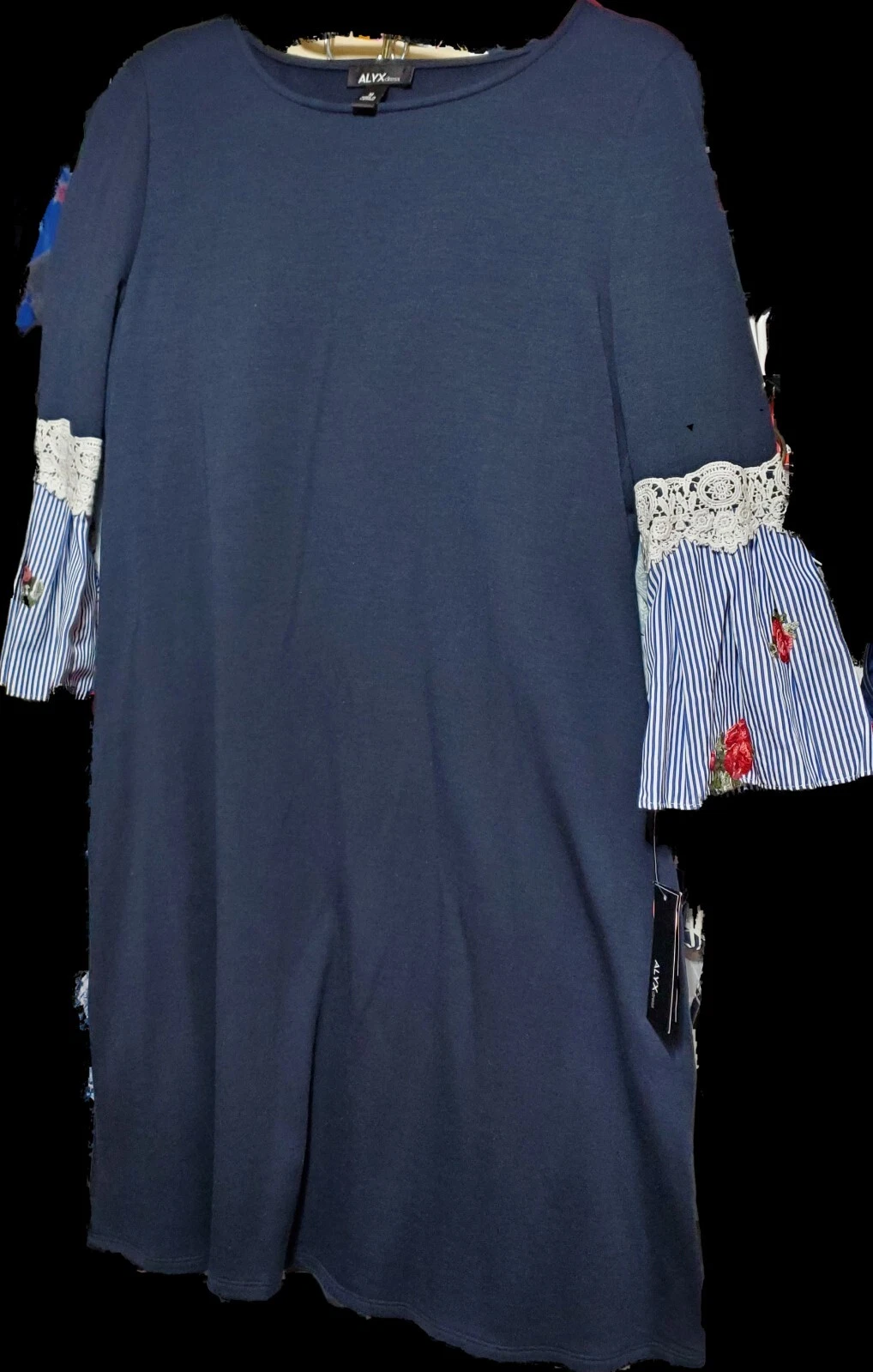 Abito a tubino ALYX blu navy a righe ricamo pizzo manica a campana tasca ~ M M3020