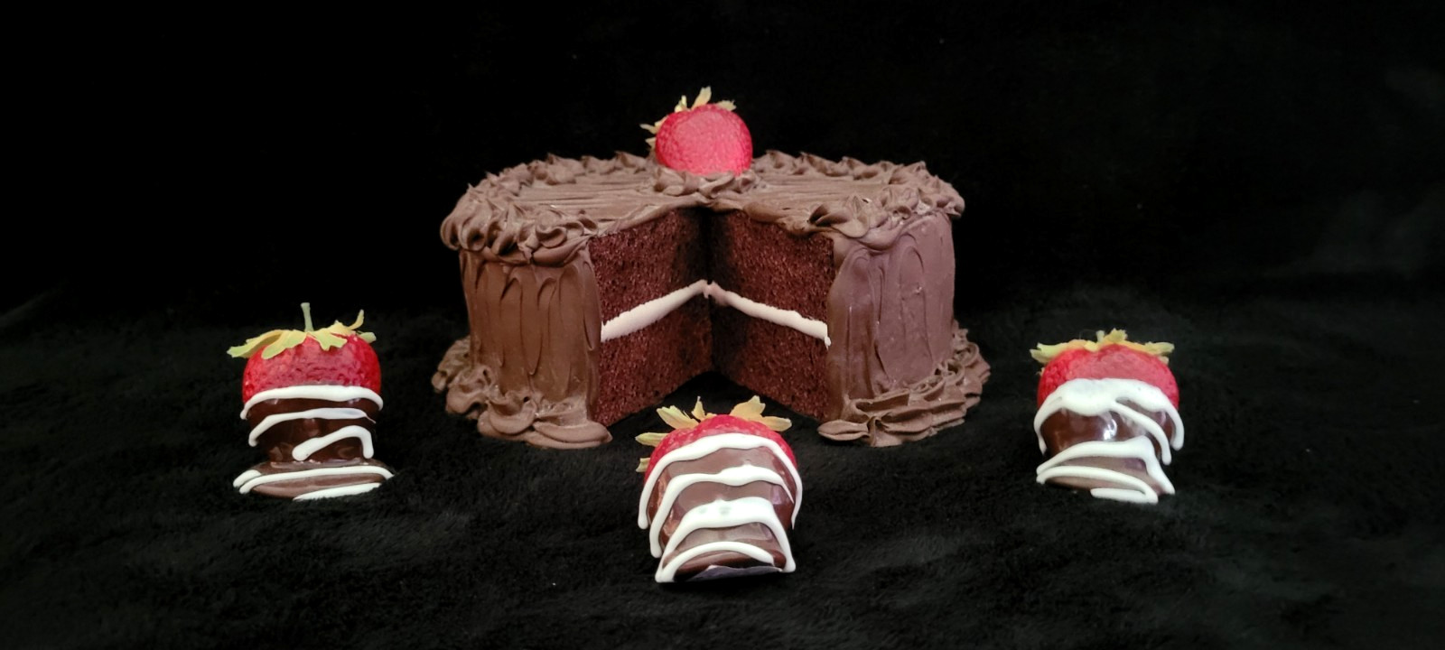 Vintage Fake Food Chocolate Icing Chocolate Slice out Cake with Strawberries 