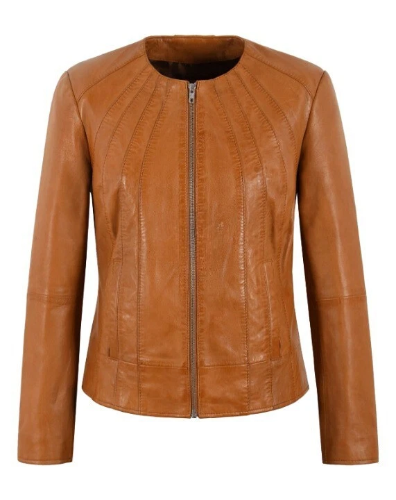 NOORA Women's Biker Collarless Tan Leather Jacket Slim Fit Jacket
