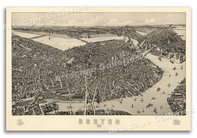 Bird's Eye View 1899 Boston Massachusetts Vintage Style City Map - 16x24