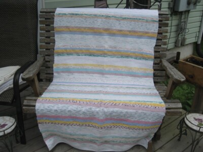 #R82 woven rug runner rag cotton 35'' x 68'' blue white yellow-brown green