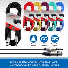 Female XLR to Mono 6.35mm (1/4") Jack Microphone Audio Cable 1-10m 6 Colours