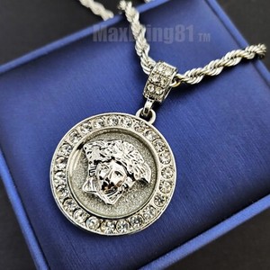 Authentic Gold Plated Medusa Cubic Zirconia Medal Pendant 24" Rope Chain Hip Hop Necklace