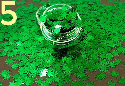W5 Weed Leaf Glitter Nail Art Leaves Sequin Green Grass 3D Marijuana Manicure UK - Picture 2 of 2