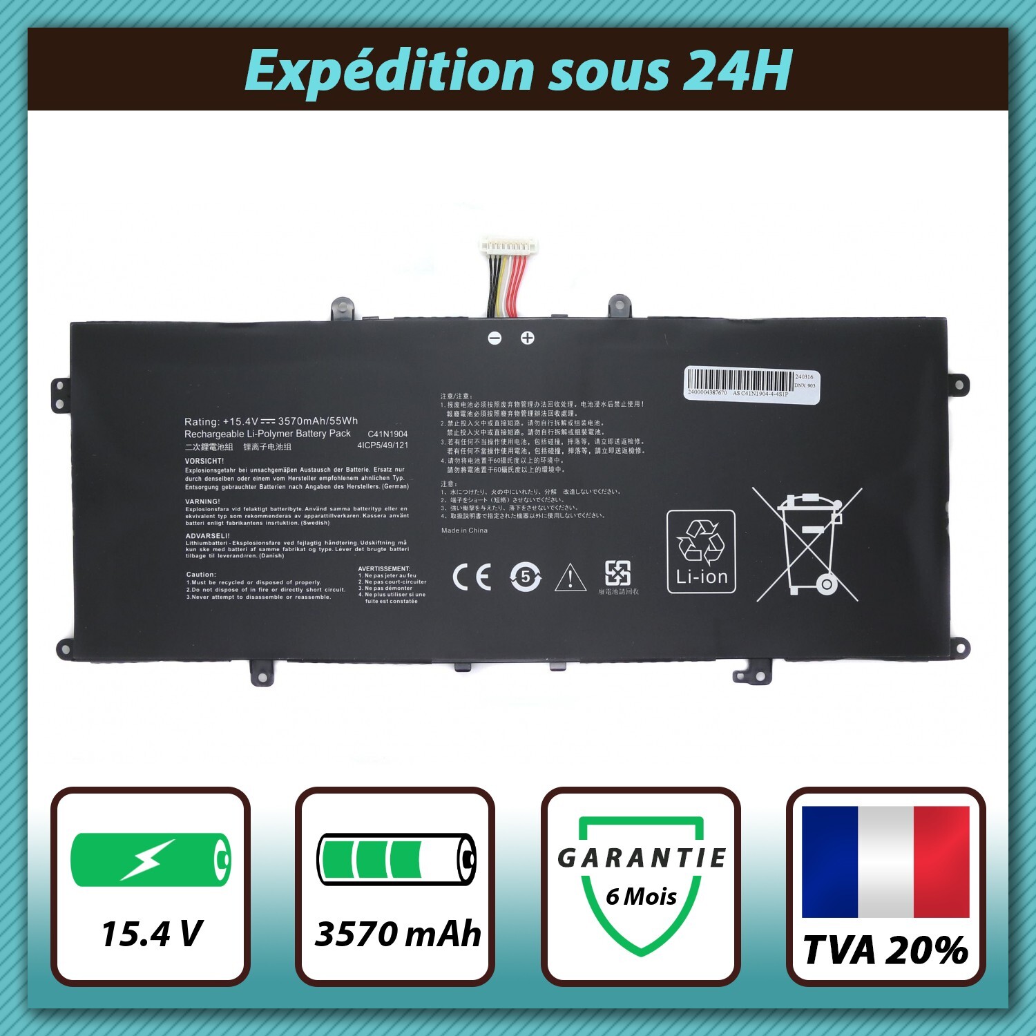 Batterie C41N1904 Asus ZenBook 14 UM425UAZ 15.4V bloc polymère de rechange