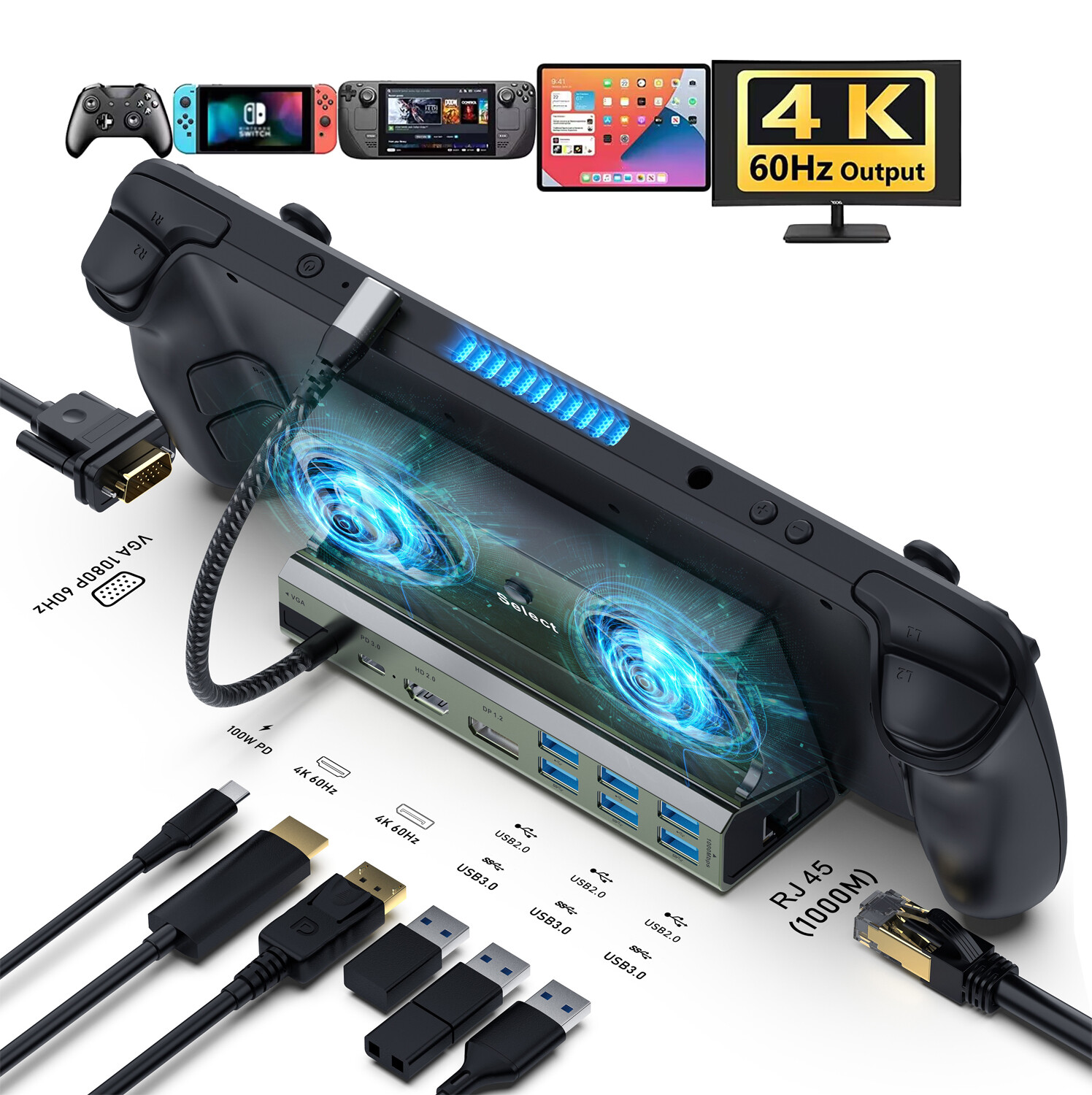 11-in-1 Steam Deck Dock with Triple Monitor Support and Dual Cooling Fans-image