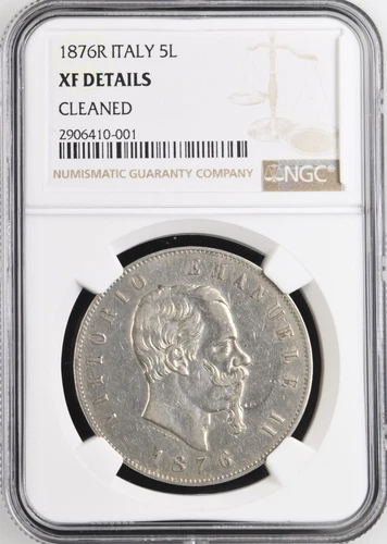 Italy, Vittorio Emanuele II SILVER 1876 R 5 Lire XF NGC Graded