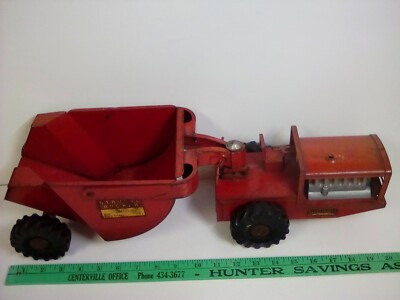 1 950's  Red Structo Rocker Tractor & dump wagon steel 20'' long.