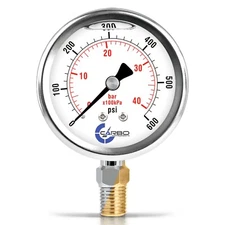 2.5" LIQUID FILLED PRESSURE GAUGE 0 - 600 PSI, STAINLESS STEEL CASE LOWER MOUNT