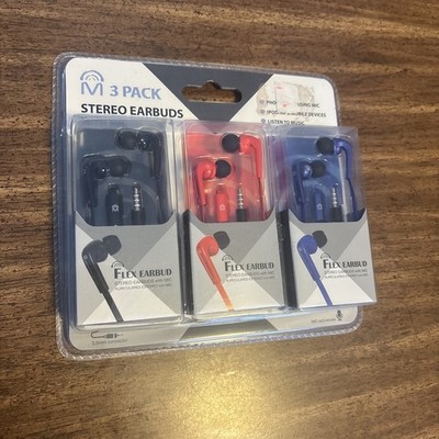 Stereo Earbuds w Mic 3-Pk Flex Ear Inline Mic Remote 3.5mm Connector CJ Global