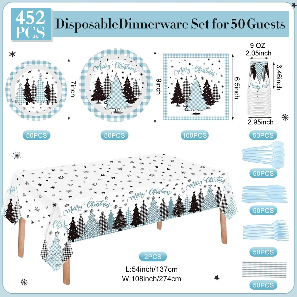 452 Pcs Light Blue Christmas Party Supplies for 50, Plaid Gingham Tree Blue C... - Image 3 of 4