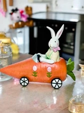 Transpac Easter Bunny Boy In Carrot Car Resin 8” NEW